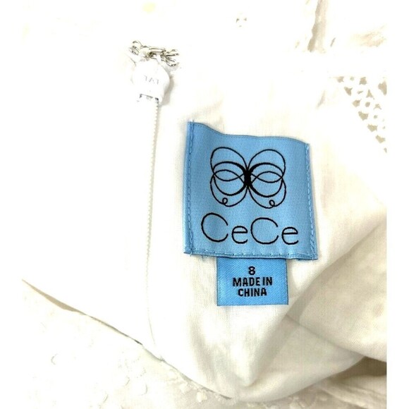 New Cece Women Sz 8 White Dress Eyelet Bell Ruffle Sleeve Crochet Lace A Line H4 - Picture 11 of 12